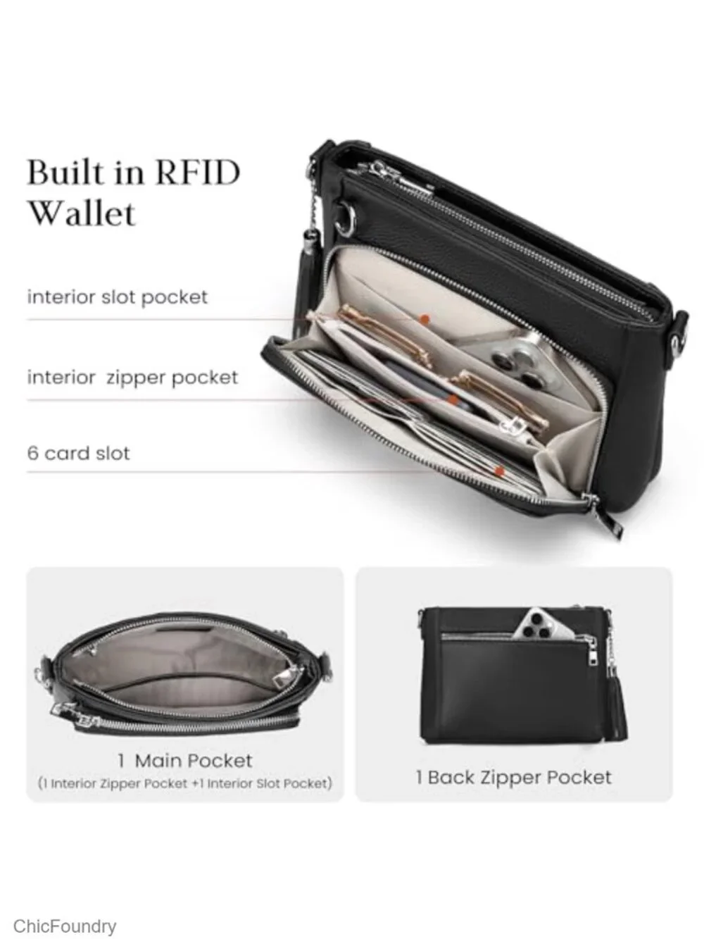 Anti Theft Genuine Leather Crossbody Bag with Built-in Wallet RFID